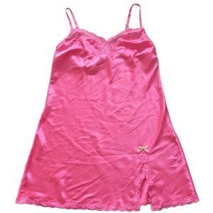 VICTORIA'S SECRET Vintage Hot Pink Satin Lace Chemise Slip Babydoll Size S